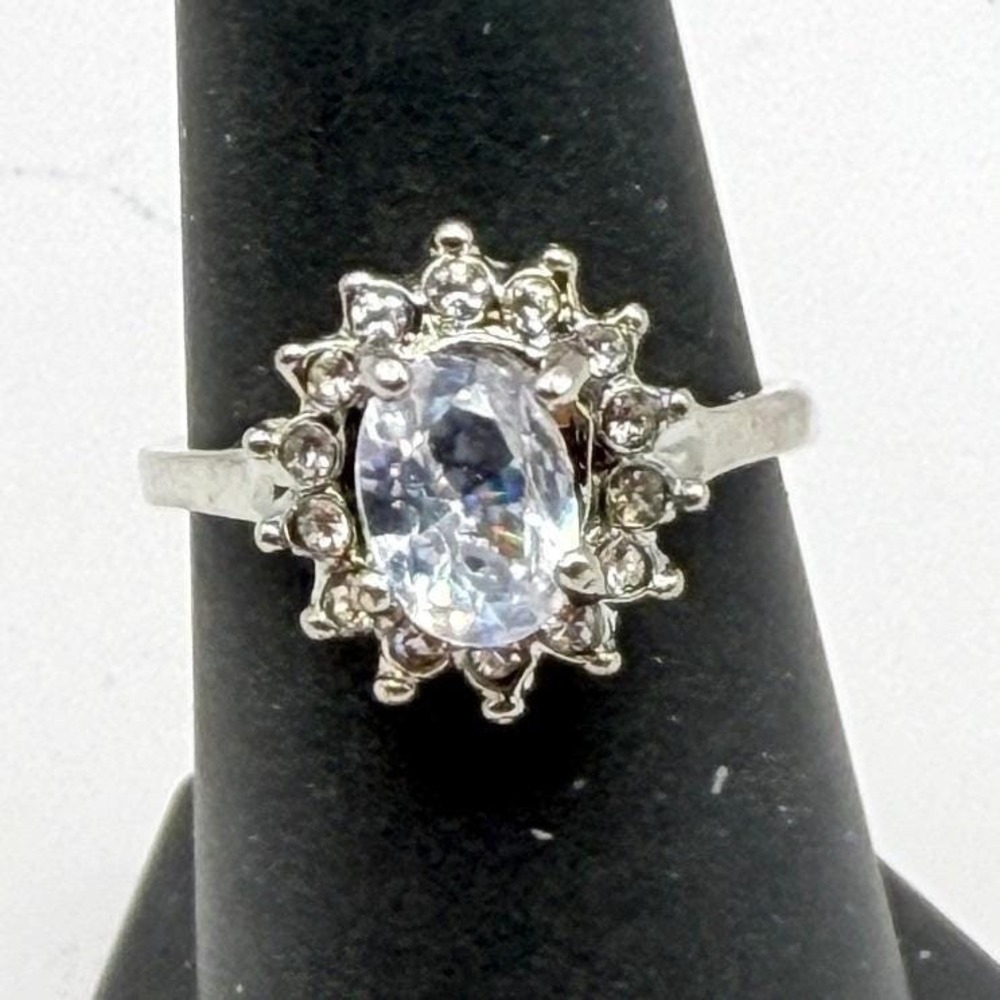 Pale Blue Oval Halo Ring Silver Tone Cluster Engagement Style Size 7.25